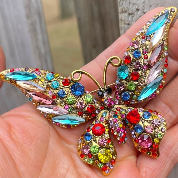 Large Butterfly Rhinestone Brooch Butterfly Brooch Multi Color Butterfly Pin - Picture 1 of 5